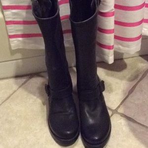 Frye tall black buckle boots.